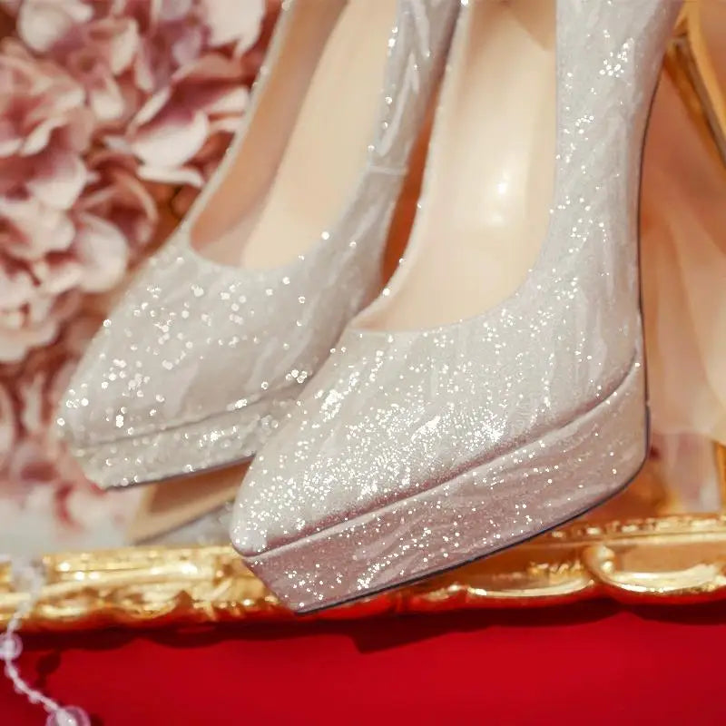 Xajzpa Platform Heels Latest Bridal Shoes Sandals Ladies Women's Bride Beige Crystal African Pumps High Bridal Shoes Platform