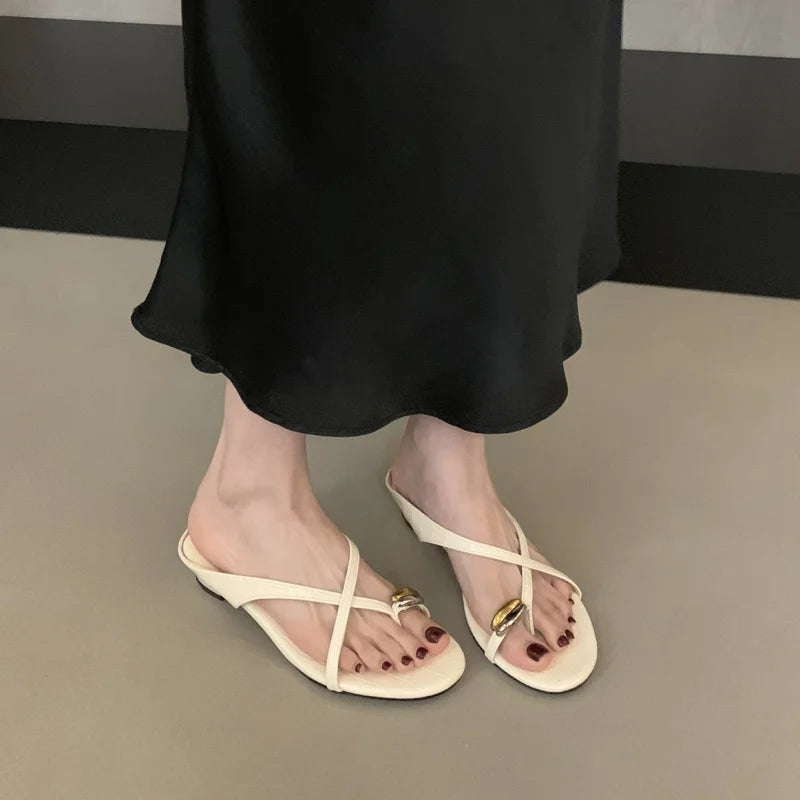 Xajzpa Brand New Women's Slippers Metal Decorations Summer Footwear Fashion Flat Sandals Set Toe Round Head Beach Shoes Mujer
