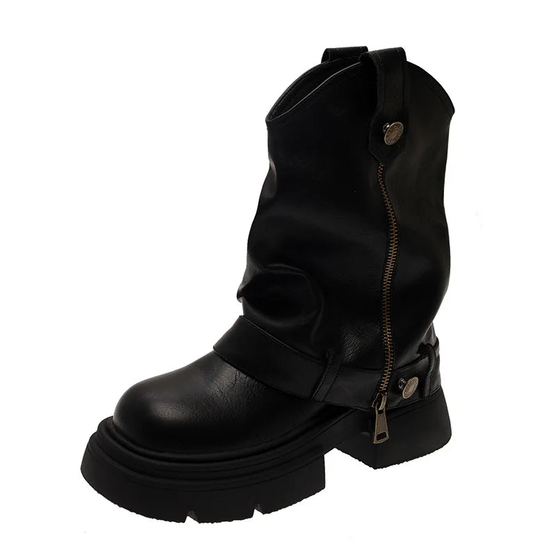 Xajzpa Med Heel Boots Round Toe Women's Genuine Leather Shoes Zipper Boots-Women  Over-the-Knee Rubber 2025 Lolita Lace-Up Western Floc