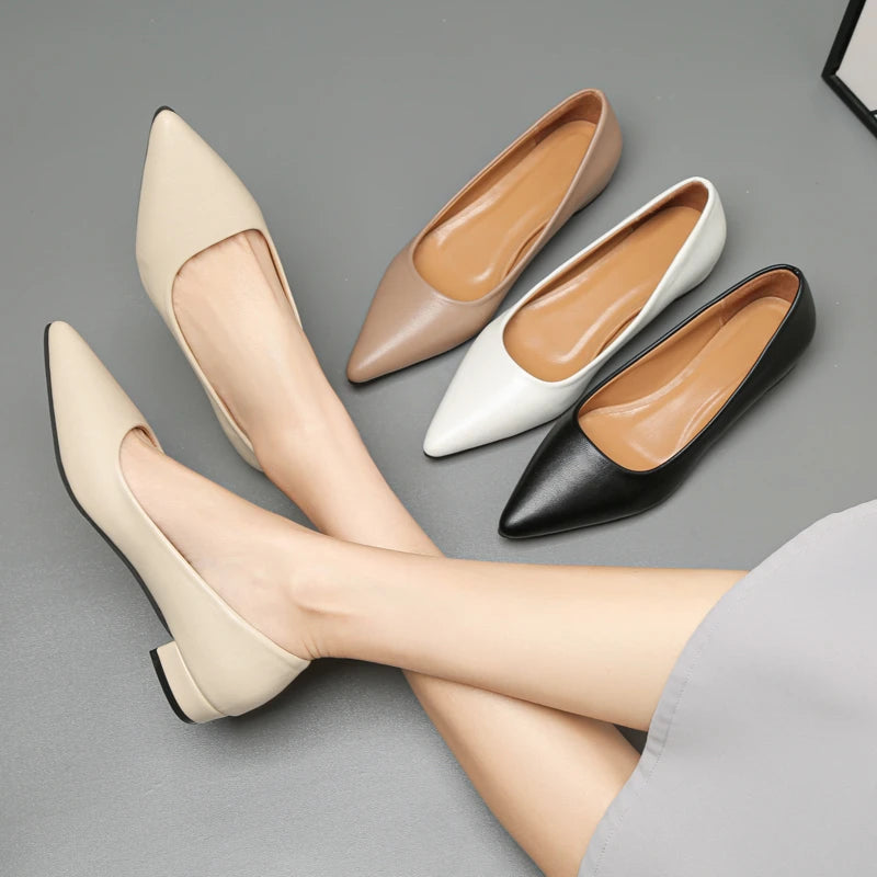 Xajzpa New Pointed Toe Shallow Mouth Square Heel Small Leather Shoes Women's Elegant Fashion High Heels Dress Shoes Zapatos Mujer