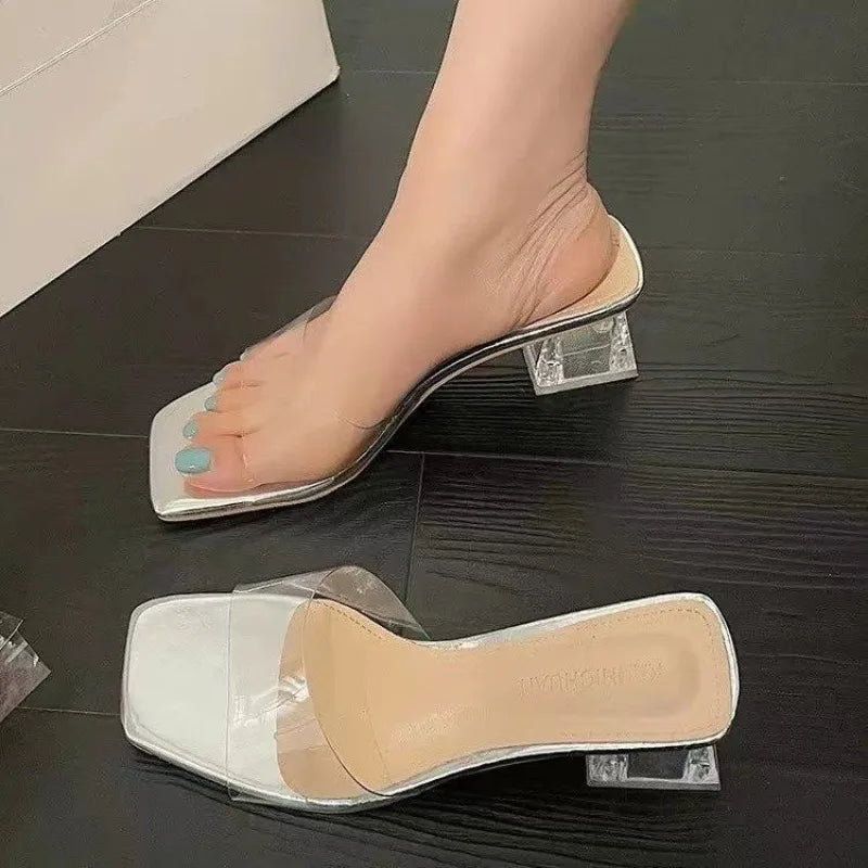 Xajzpa Crystal Clear Transparent Slippers Female Shoes Middle Heels Comfortable New Summer Women Shoes Woman Fashion Cool Mules Slides