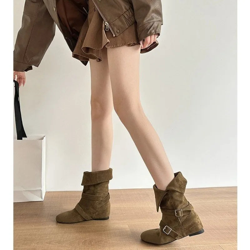 Xajzpa New Women's Vintage Suede Women Trouser Legs Boots Fashion Belt Buckle Slip on Shoes Autumn Winter Wedges Heel Ladies Long Boots