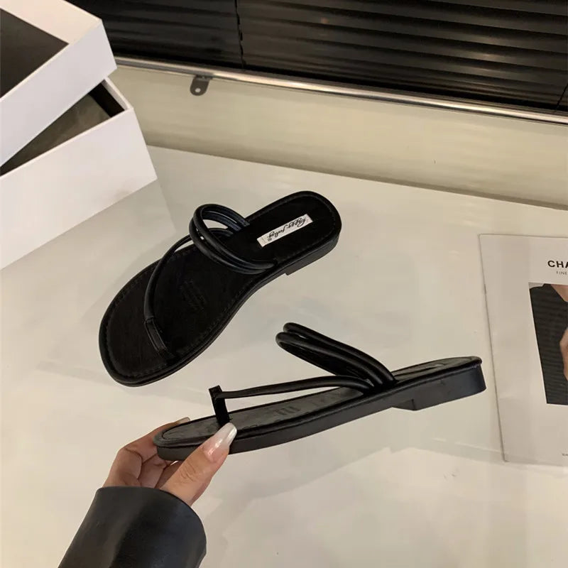 Xajzpa Summer New Brand Women Slippers Fashion Narrow Band Ladies Elegant Slides Flat Heel Outdoor Gladiator Shoes Beach Shoes