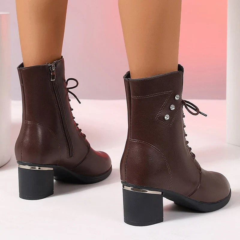 Xajzpa  Autumn Lace Up Thick Heels Ankle Boots Women Plus Size Zip Pu Leather Boots Woman Retro High Heeled Short Booties Mujer