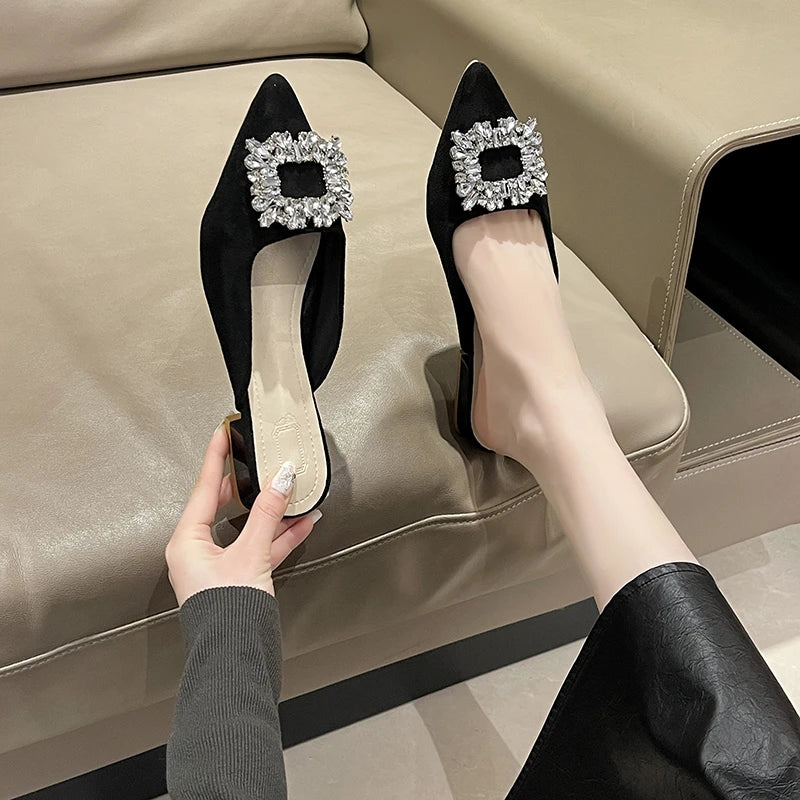 Xajzpa New Women's Shoes New Mules Women's High Heels Fashion Wedding Pump Women Rhinestone Pointed Toe Sandals Ladies Zapatos Mujer