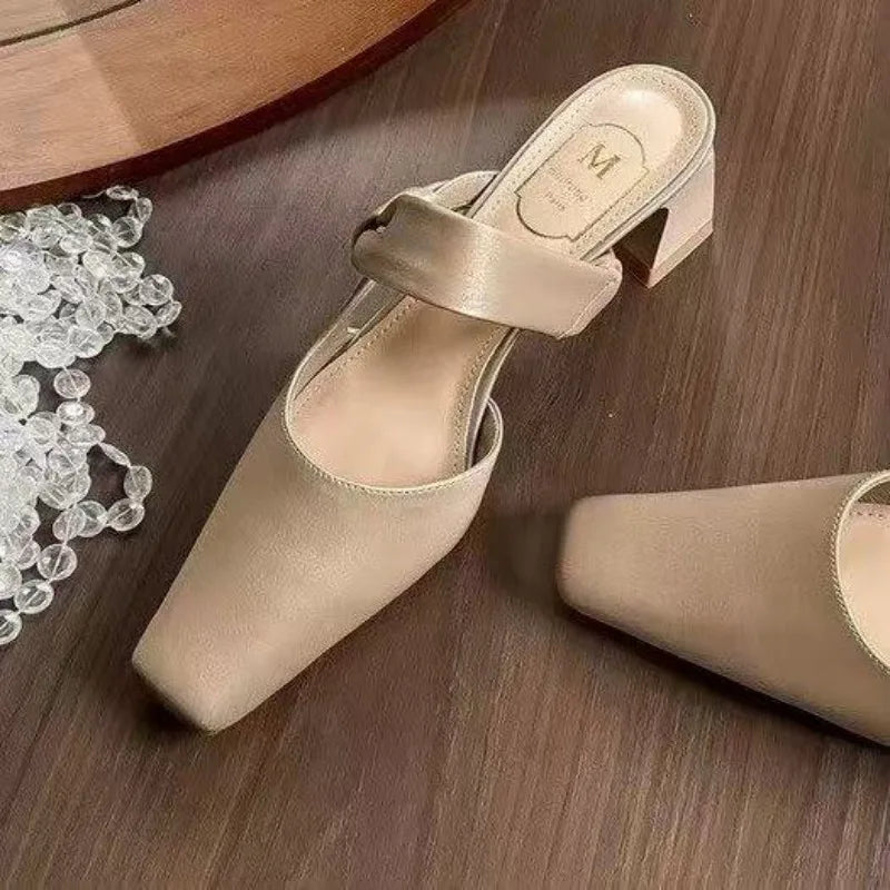 Xajzpa Summers New Style Evening Breeze Baotou Half Slippers French Low Heel Women's Shoes Summer New Thick Heel Slippers Zapatos Mujer