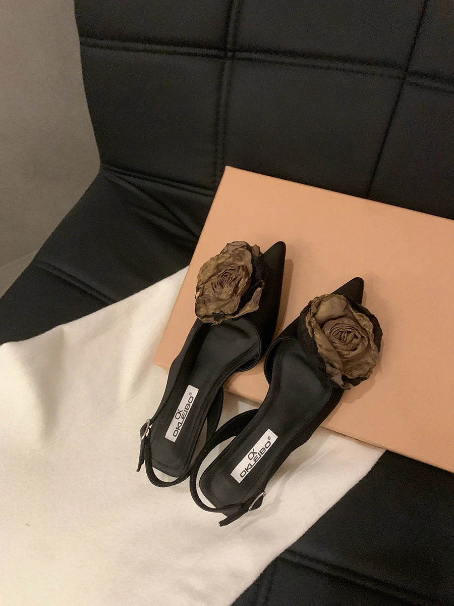 Xajzpa New Flower Designer Sandals Women Elegant Satin Mule Shoes Summer Pointed Toe Pumps Low Heel Flowers Slingback Sandals Female