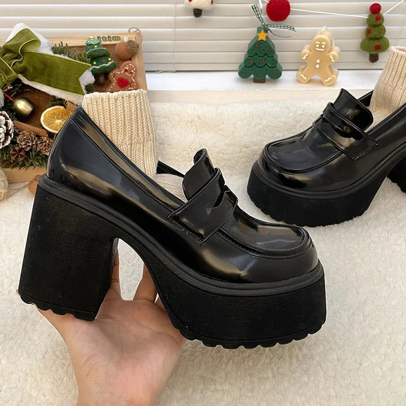 Xajzpa Super High Heels Loafers Women Autumn Patent Leather Chunky Platform Pumps Woman Slip On Black Jk Uniform Shoes Mary Janes