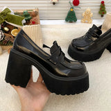 Xajzpa Super High Heels Loafers Women Autumn Patent Leather Chunky Platform Pumps Woman Slip On Black Jk Uniform Shoes Mary Janes