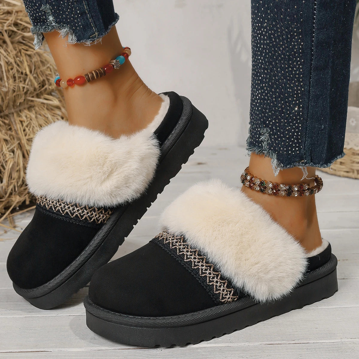 Xajzpa Winter Women Short Plush Warm Snow Boots Casual Cotton half slippers Suede Fur Chelsea Ankle Boots Flats Platform Shoes Botas