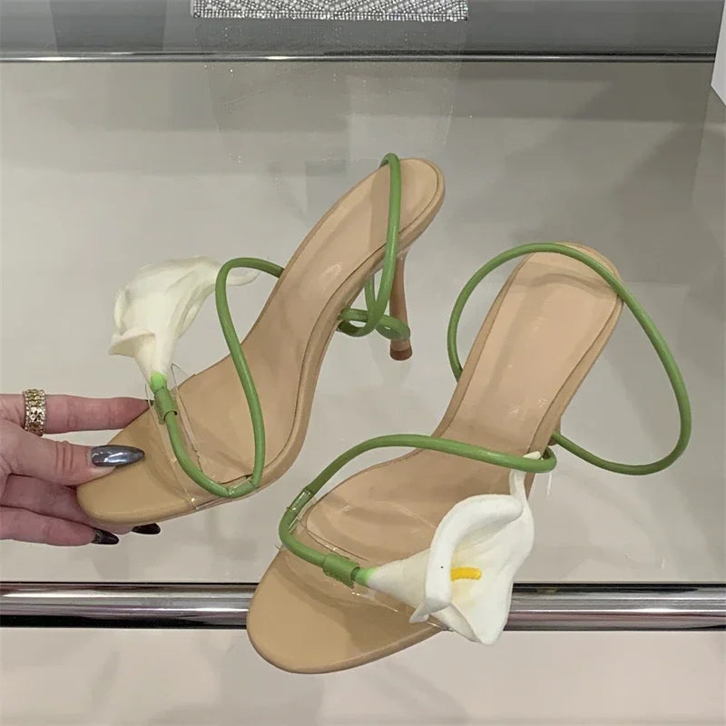 Xajzpa Summer Sexy Flower Narrow Band Women Sandals Street Style Open Toe Thin Heels Party Prom Shoes