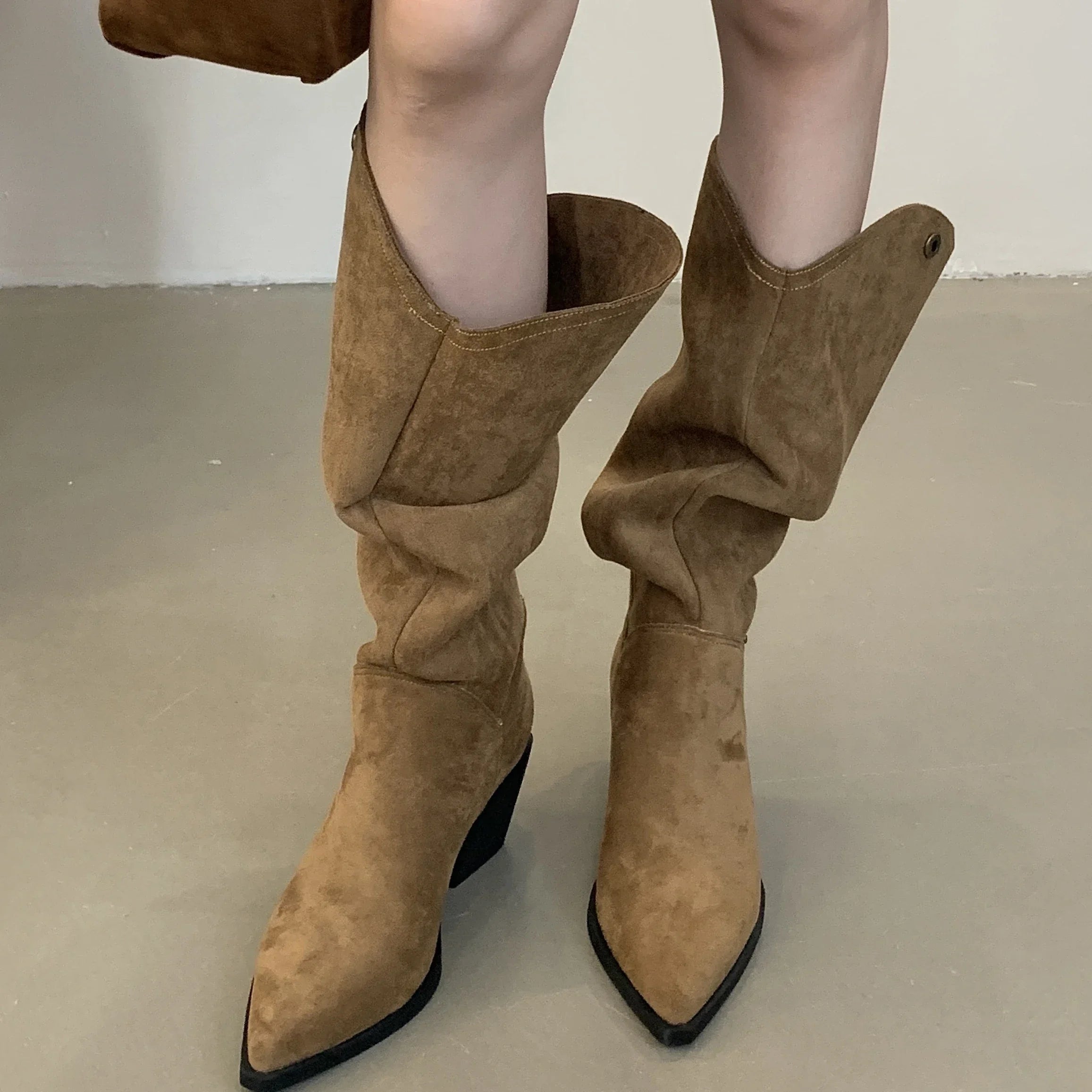 Xajzpa Retro Style Fold Button Women Knee-High Boots Fashion Pointed Toe Square Low Heels Casual Dress Ladies Shoes