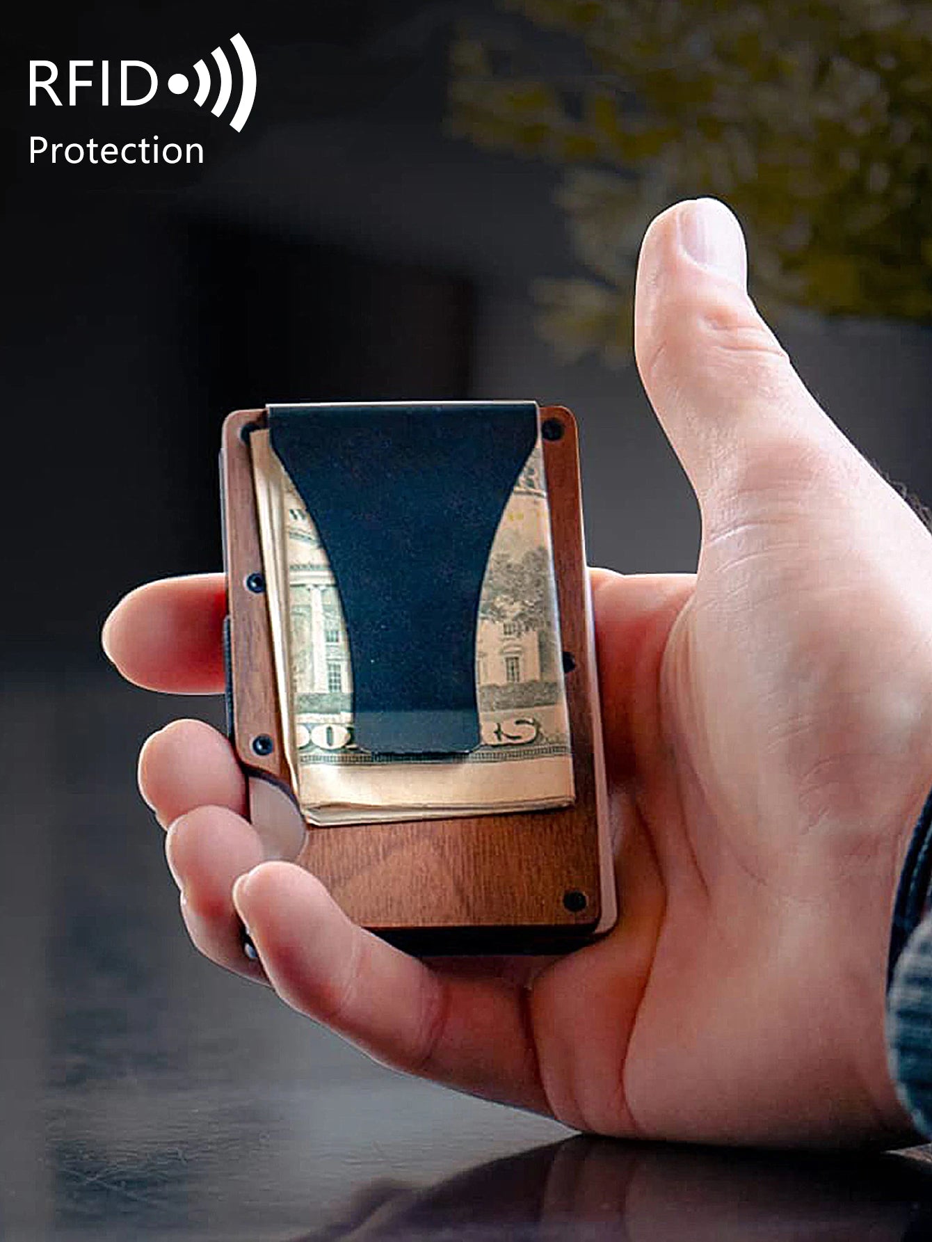 Xajzpa RFID Blocking Men's Wooden Wallet Ultra Thin Metal Money Clip for Men Minimalist Wooden Aluminum Wallet Card Holder