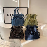 Xajzpa Denim Canvas Shoulder Bag Large Capacity Fashionable Drawstring Design Crossbody Tote Bag Student Textbook Shoulder Handbag