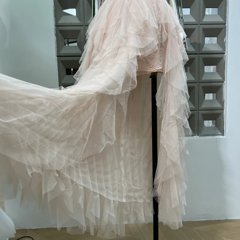 Xajzpa Fashion Lace Mesh Dress Women's Strapless Fake Two Pieces Waist Retraction Dresses 2025 Summer New Tide