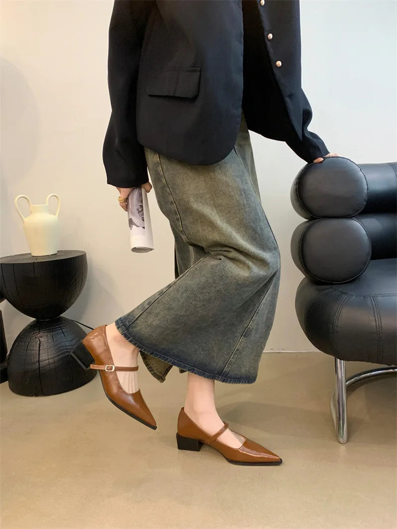 Xajzpa Retro Style Thick Heel Spring and Autumn Women Mary Jane Shoes Fashion Shallow Pointed Toe Ladies Comfort Office Pumps Footwear