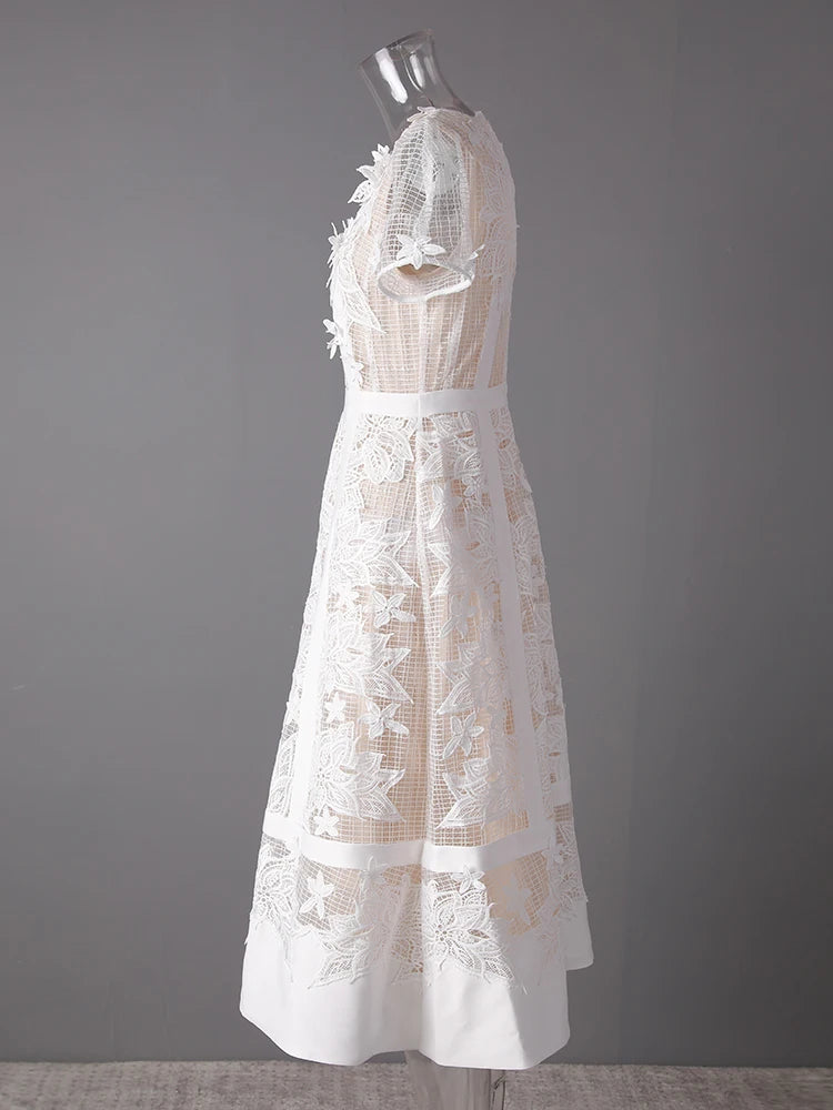 Xajzpa Fashion Women Dress Short Sleeve Round Neck Lace Patchwork Female Elegant Dresses New Tide