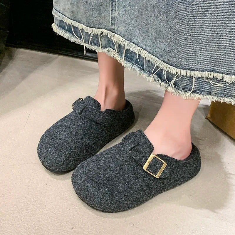 Xajzpa Women's Cotton Cloth Clogs Cork Footbed Leather Mules Slippers Comfortable Fashion Potato Shoes Arch Support Cotton Slippers