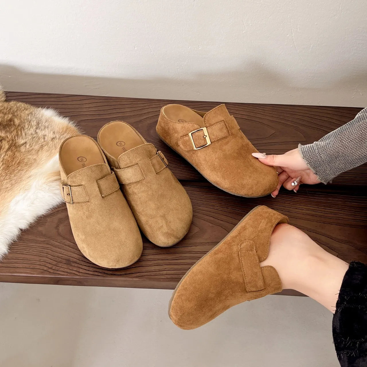 Xajzpa New Style Classic Fashion Women Suede Mules Slippers Clogs Cork Insole Sandals with Arch Support Outdoor Beach Slides Home Shoes
