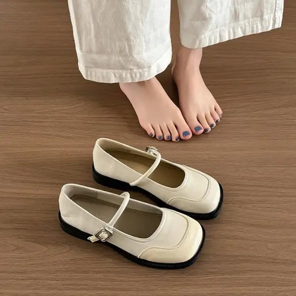 Xajzpa Womens Derby Shoes Female Footwear All-Match Shallow Mouth Leather Dress New Retro Summer Mary Janes Flat Shoes Woman Flats All-