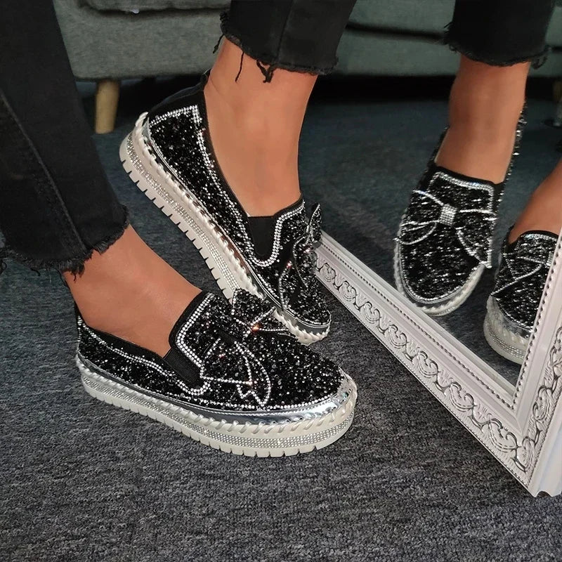 Xajzpa Fashion Rhinestones Woman Shoes Women Shining Rhinestone Slip-on Loafers Bowknot Lazy Casual  Plataforma Mujer