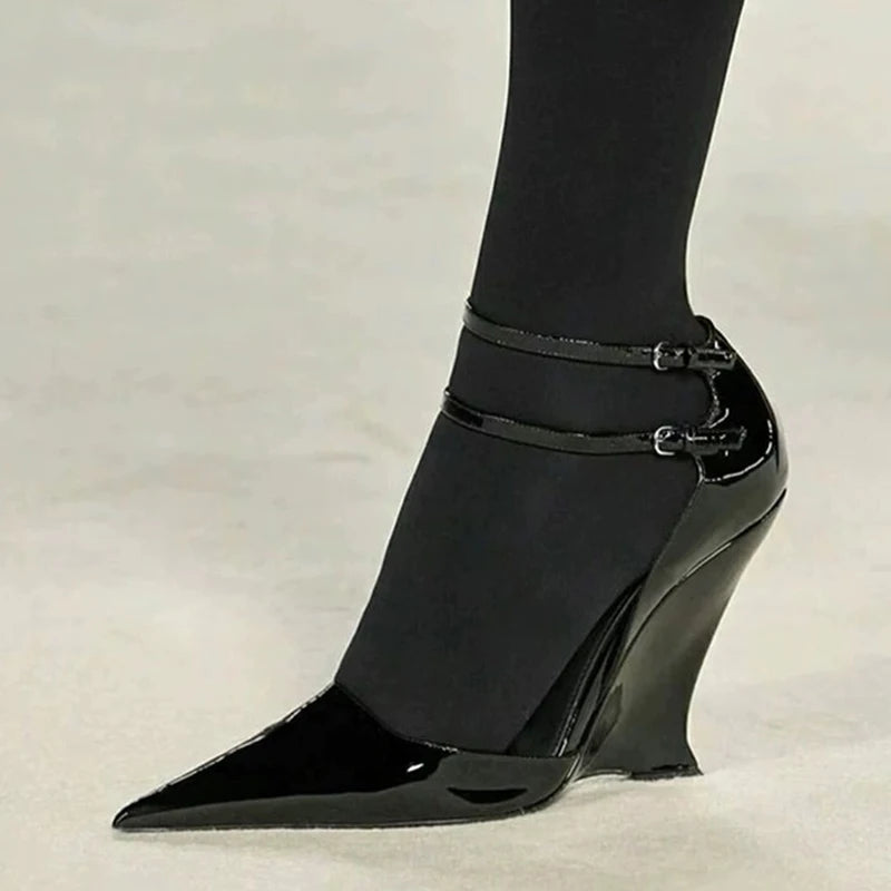 Xajzpa Sexy Red Patent Leather Pointed Toe Wedges High Heels Women Pumps Fashion Double Buckle Strap Ladies Party Dress Shoes