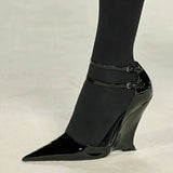 Xajzpa Sexy Red Patent Leather Pointed Toe Wedges High Heels Women Pumps Fashion Double Buckle Strap Ladies Party Dress Shoes