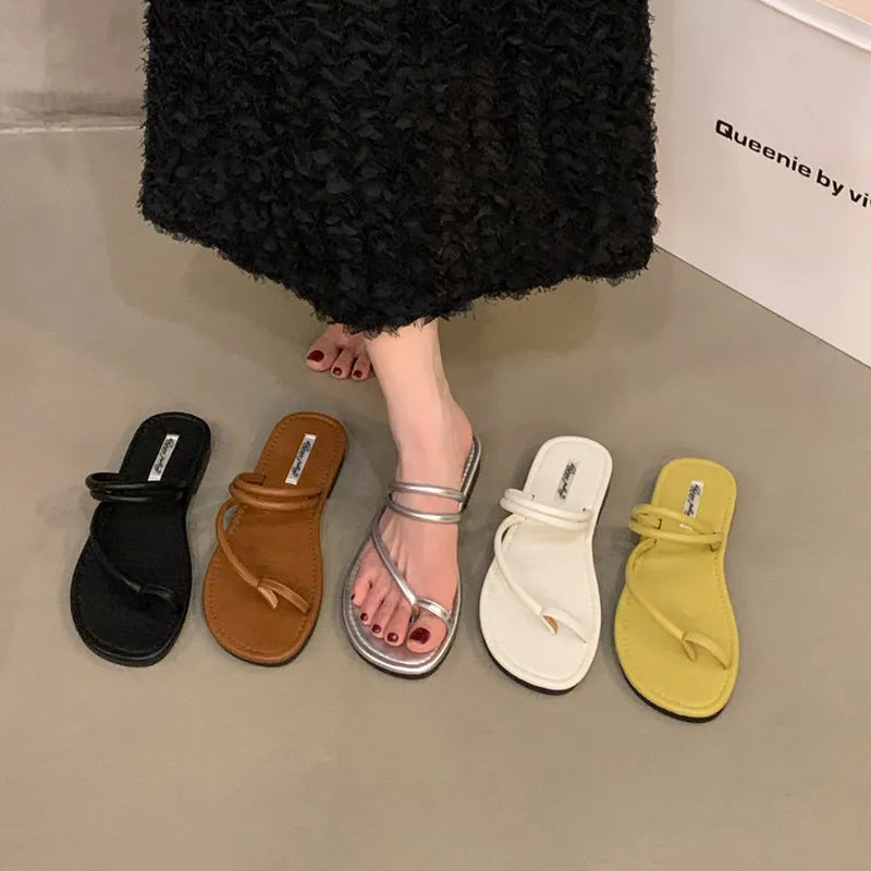 Xajzpa Summer New Brand Women Slippers Fashion Narrow Band Ladies Elegant Slides Flat Heel Outdoor Gladiator Shoes Beach Shoes