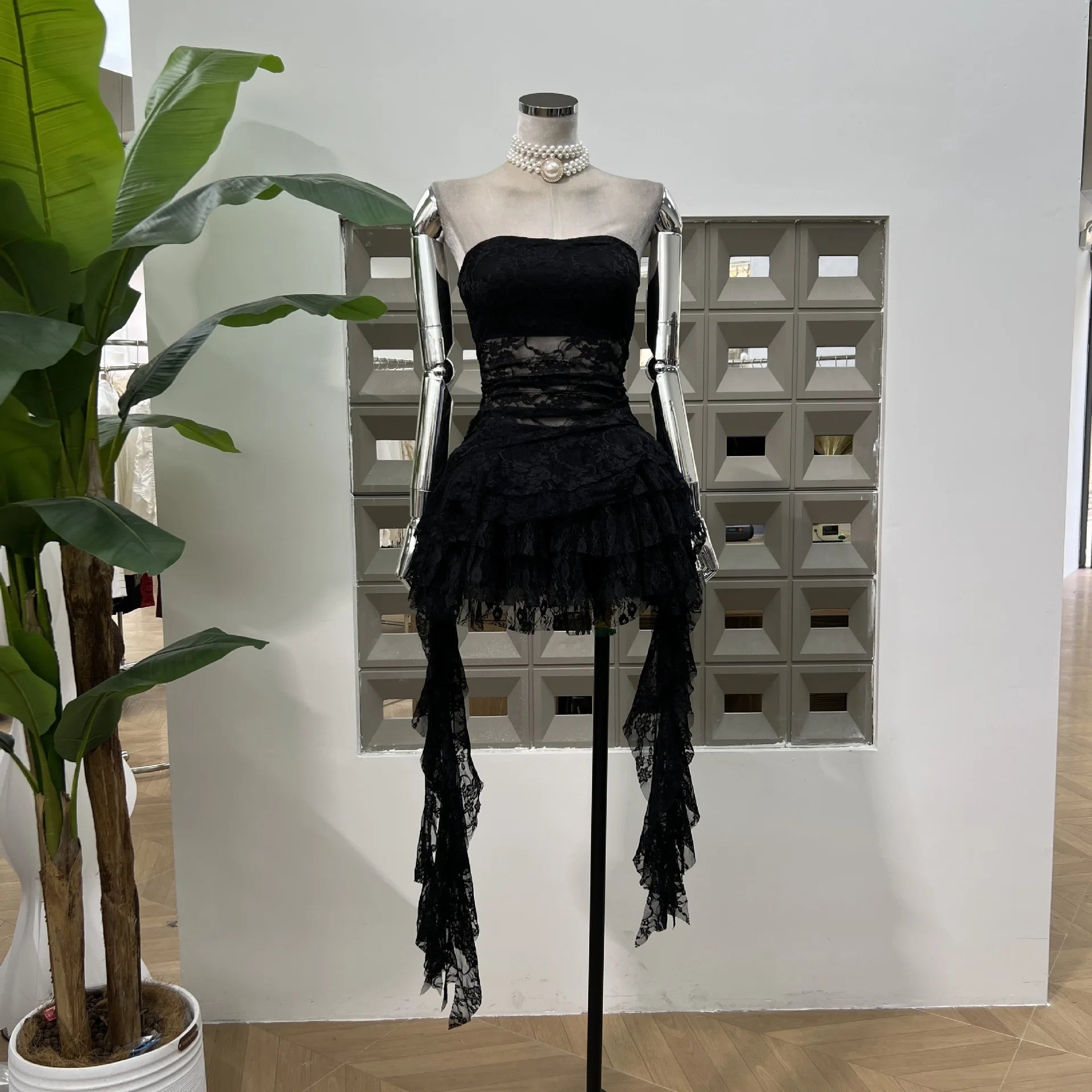 Xajzpa Fashion Two Piece Set Irregular Lace Top + High Waisted Fluffy Skirt Solid Color Female Elegant Birthday Dress New