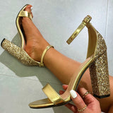 Xajzpa New Fashion Pink Sequined Square High Heels Gladiator Sandals Women Wedding Prom Shoes Sexy Ankle Strap Sandalias