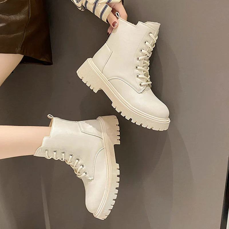 Xajzpa Chunky Heels Lace Up Combat Boots Women Winter Warm Short Plush Ankle Boots Woman Platform Non-Slip PU Leather Short Botas Mujer