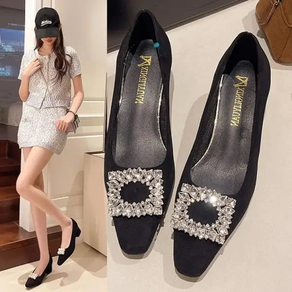 Xajzpa Women's Shoes With Straps Summer High Heels Sandals Ladies Brief Pumps Shallow Mouth Buckle Spring African Block Crystal Be