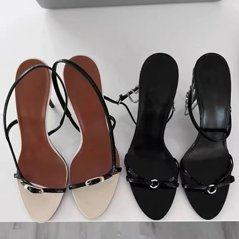 Xajzpa  Summer Fashion Buckle Open Toe Slip On Back Strap Sandals Women Black White High Heels Wedding Prom Shoes Zapatos Mujer