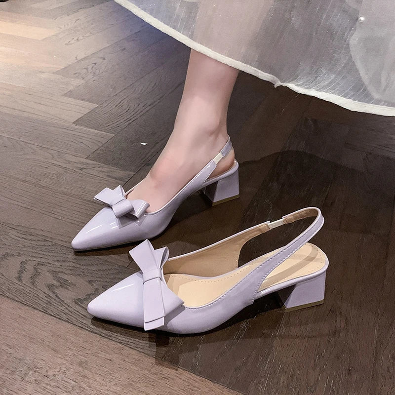 Xajzpa New Women's High Heels Sandals Butterfly-knot Design Footwear Chic Pointed Patent Leather Beige Elegant Female Wedding Shoes