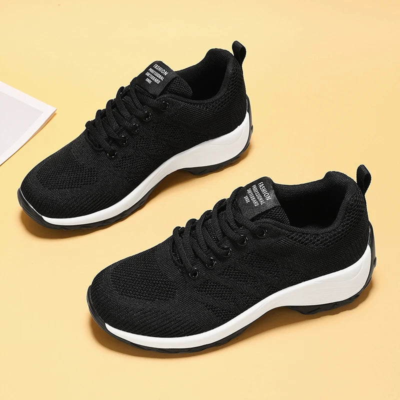 Xajzpa Women's Casual Shoes Breathable Walking Mesh Fabric Lace Up Flat Sports Shoes Women's Tenis Feminino Black Hiking Running Shoes