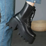 Xajzpa Punk Goth Ankle Boots Women Black Chunky Wedge Platform Shoes Woman Lace Autumn Patent Leather Footwear Lady Botas Mujer