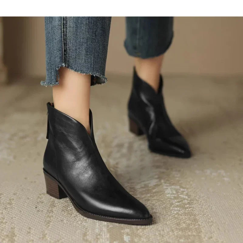 Xajzpa New Autumn Genuine Leather Ankle Boots Pointed Toe Women Boots Retro Short Boots Women Shoes Winter Retro Chelsea Boots