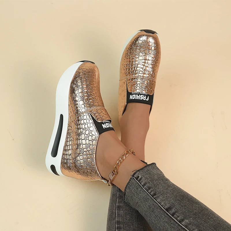 Xajzpa Patent Leather Wedge Loafers Shoes for Women New Height Increasing Platform Sneakers Woman Lightweight Slip On Casual Shoes