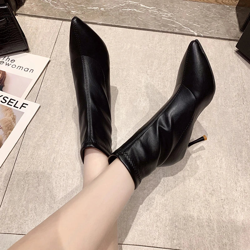 Xajzpa New Style Luxury Women's Fashion Ankle Boots Pointed Toe Stretch Boots Autumn Stiletto Socks Boots High Heels Ladies Shoes