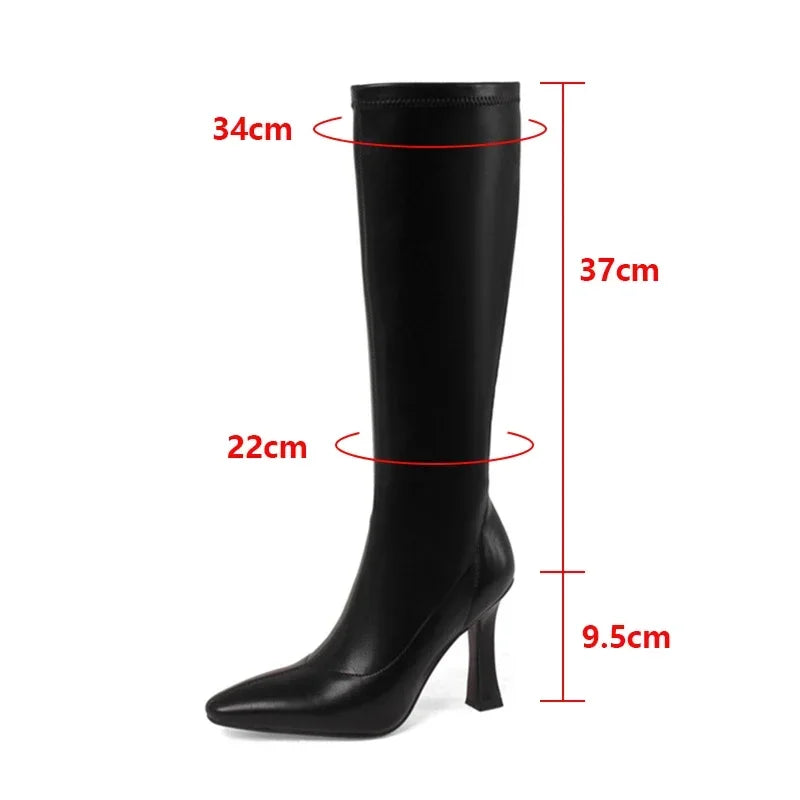 Xajzpa Women Boots High Heels Boots Sexy Knee High Boots Ladies Pointed Toe Side Zipper Shoes Autumn Fashion Knight Boot