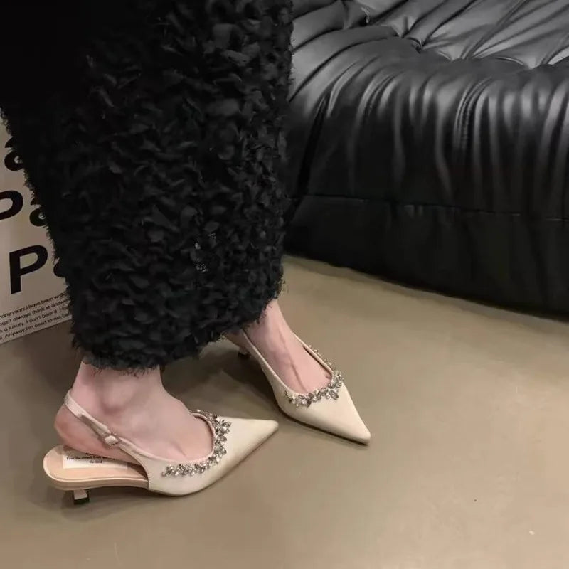 Xajzpa New Women's Summer Classic Champagne Black Banquet Wedding Shoes Sexy Rhinestone Satin Pointed Toe High Heel Sandals for Women