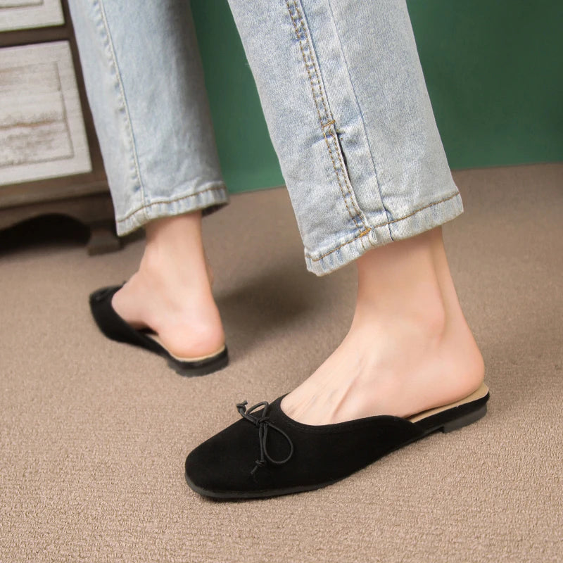 Xajzpa Flats Bow Sandals Summer New Fashion Women Mules Shoes Designer Suede Pointed Toe Slippers Dress Casual Slingback Zapatos Mujer
