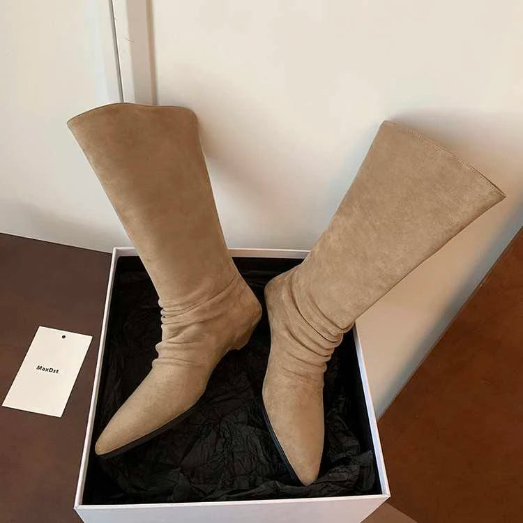 Xajzpa New Style Luxury Women's Flats Women's Boots Pointed Toe Designer Mid Calf Shoes Winter Fad Boots Trend Gladiator Walking Boots