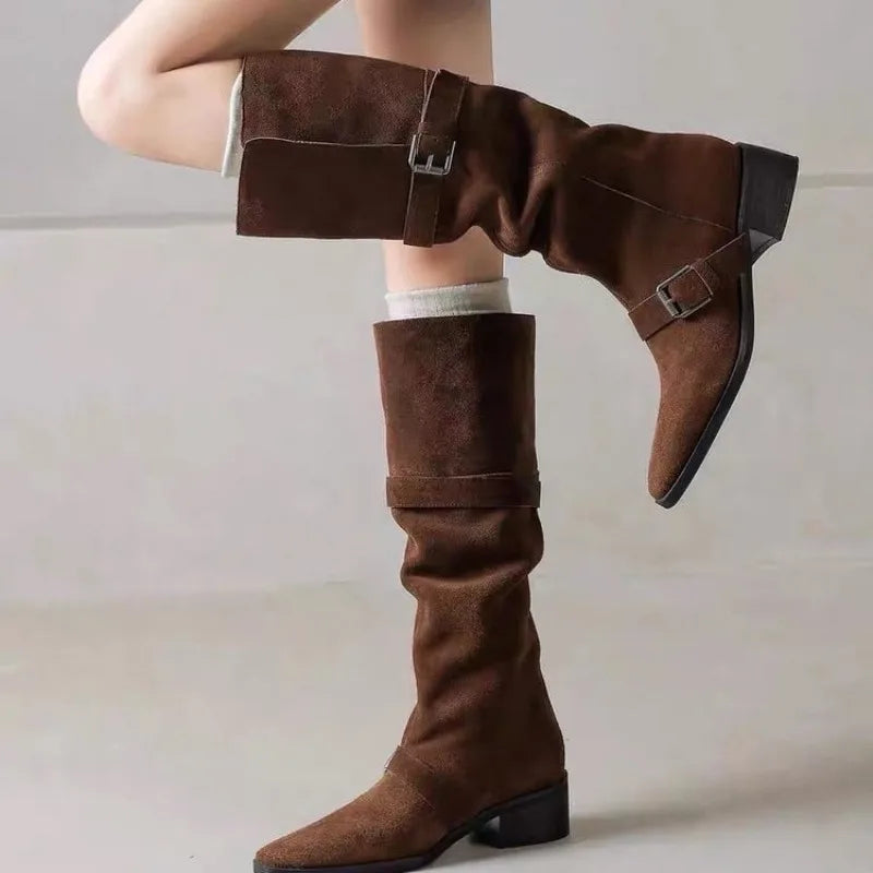 Xajzpa New Square Heels Knee High Boots Women Pointed Toe Runway Shoes Woman Suede Leather Metal Buckle Long Western Cowboy Boots Woman