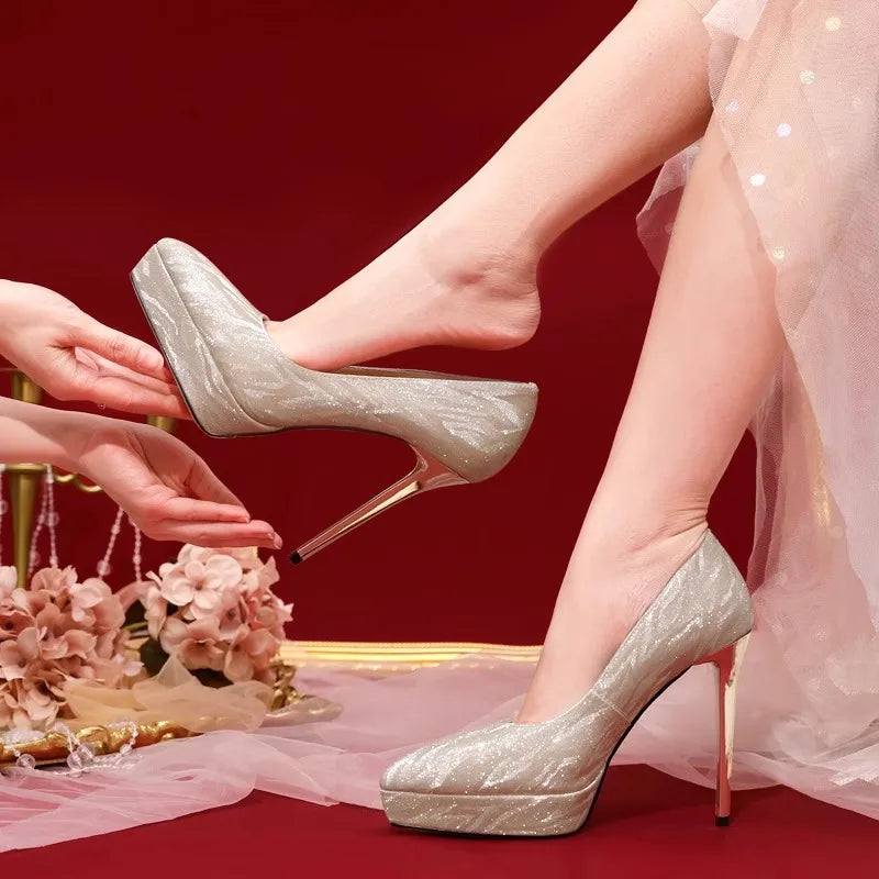 Xajzpa Platform Heels Latest Bridal Shoes Sandals Ladies Women's Bride Beige Crystal African Pumps High Bridal Shoes Platform