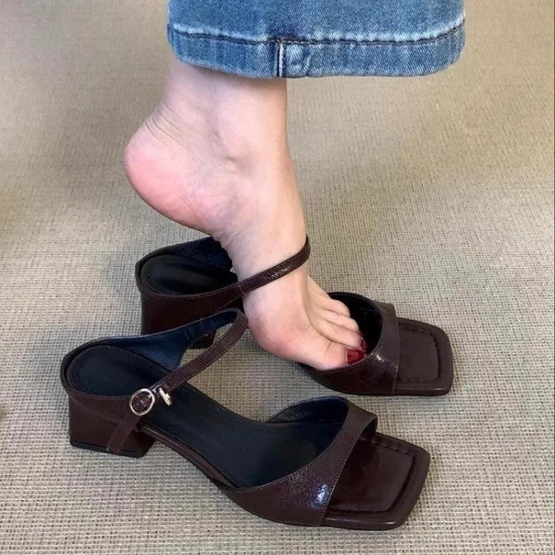 Xajzpa Women's Shoes 2025 New Concise Buckle Strap Square Heel Women's Slippers Fashion Peep Toe Versatile Large Size Modern Slippers