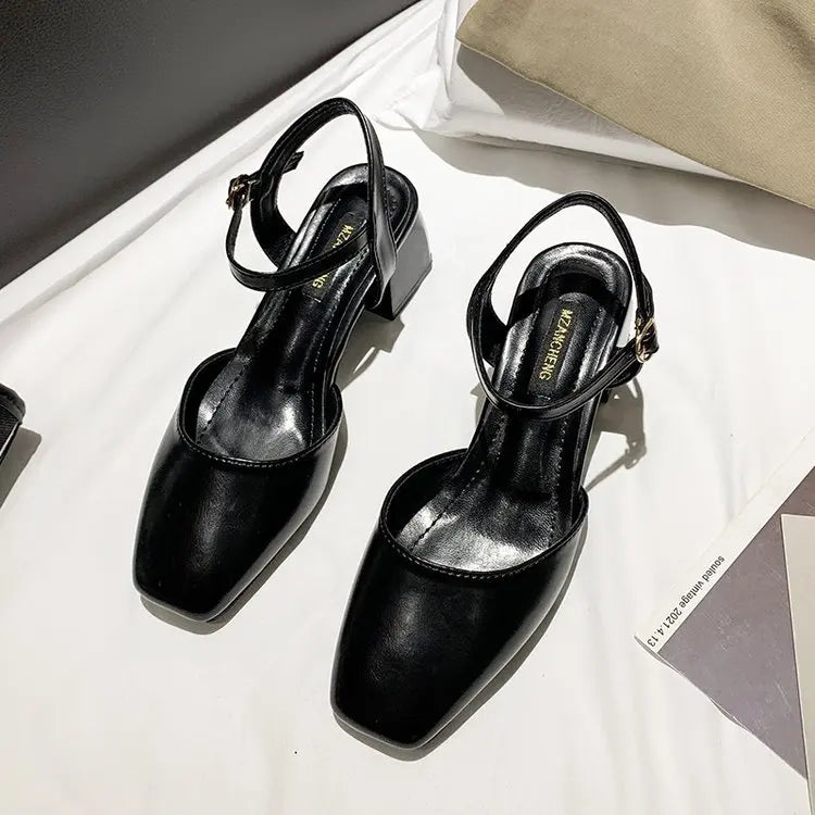 Xajzpa Beige Heeled Sandals Comfort Shoes for Women Med Buckle Strap 2025 Summer Black Block Girls Low Closed High Medium New Fashion S