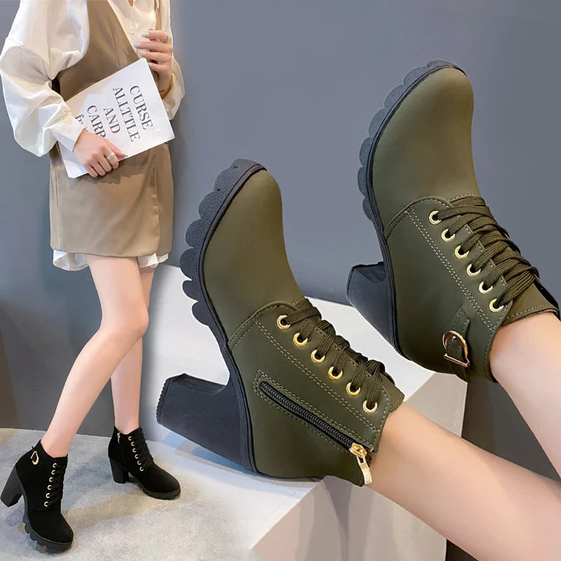 Xajzpa  Boots Women Shoes Women Fashion High Heel Lace Up Ankle Boots Ladies Buckle Platform Artificial Leather Shoes bota feminina