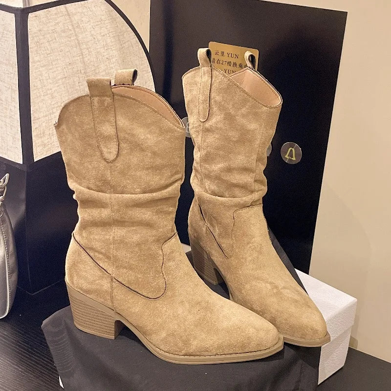 Xajzpa New Style Fashion Women's Mid-calf Boots Women Winter Ethnic Rivet Tassel Boots Woman Suede Pointed Thick Heel Shoes Boots