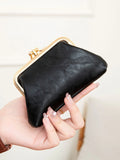 Xajzpa Cute Clip Lock Women's Coin Purse Retro Solid Color Bifold Kiss Lock Small Wallet Simple PU Leather Lipstick Portable Pocket Bag